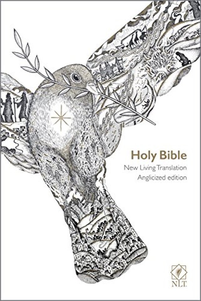 NLT Holy Bible, White Flexiback, Dove Illustration, Award–Shortlisted Design, British Text, NLT New Living Translation, Flexiback, Stand