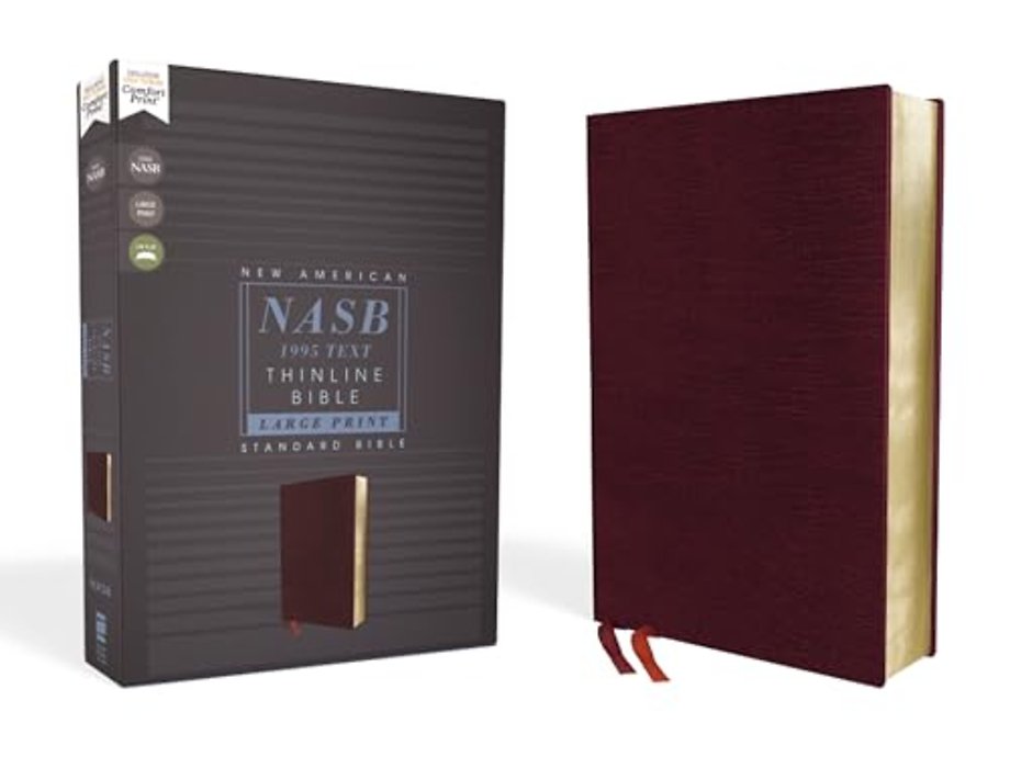 NASB, Thinline Bible, Large Print, Bonded Leather, Burgundy, Red Letter, 1995 Text, Comfort Print