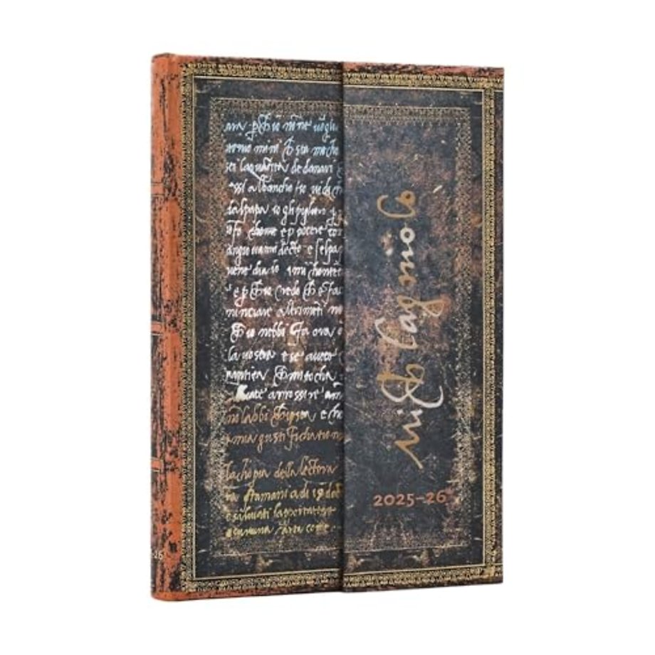 2026 Michelangelo Handwriting (Embellished Manuscripts Collection) Mini 18-month Horizontal Hardcover Flexi Dayplanner 2025-2026 (Wrap Closure)