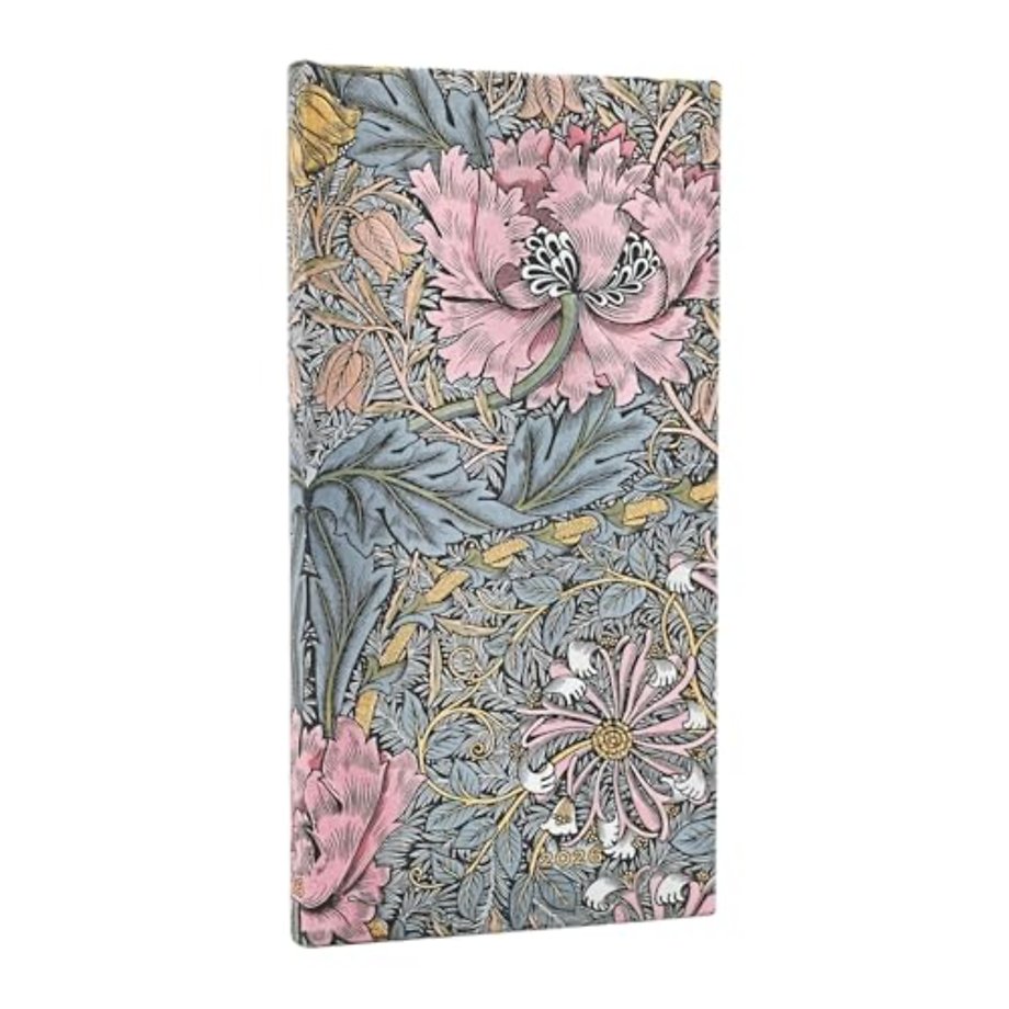 2026 Morris Pink Honeysuckle (William Morris) Slim 12-month Horizontal Hardcover Flexi Dayplanner 2026 (Elastic Band Closure)