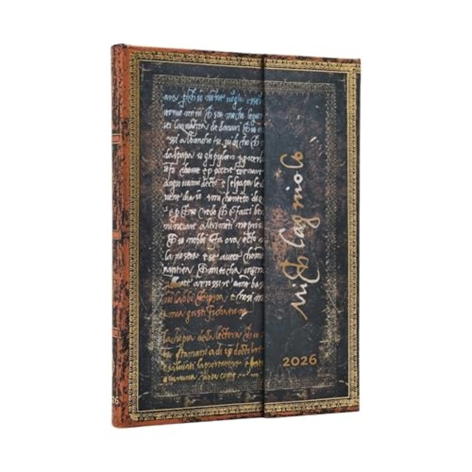 2026 Michelangelo, Handwriting (Embellished Manuscripts Collection) Midi 12-month Verso Hardcover Flexi Dayplanner 2026 (Wrap Closure)