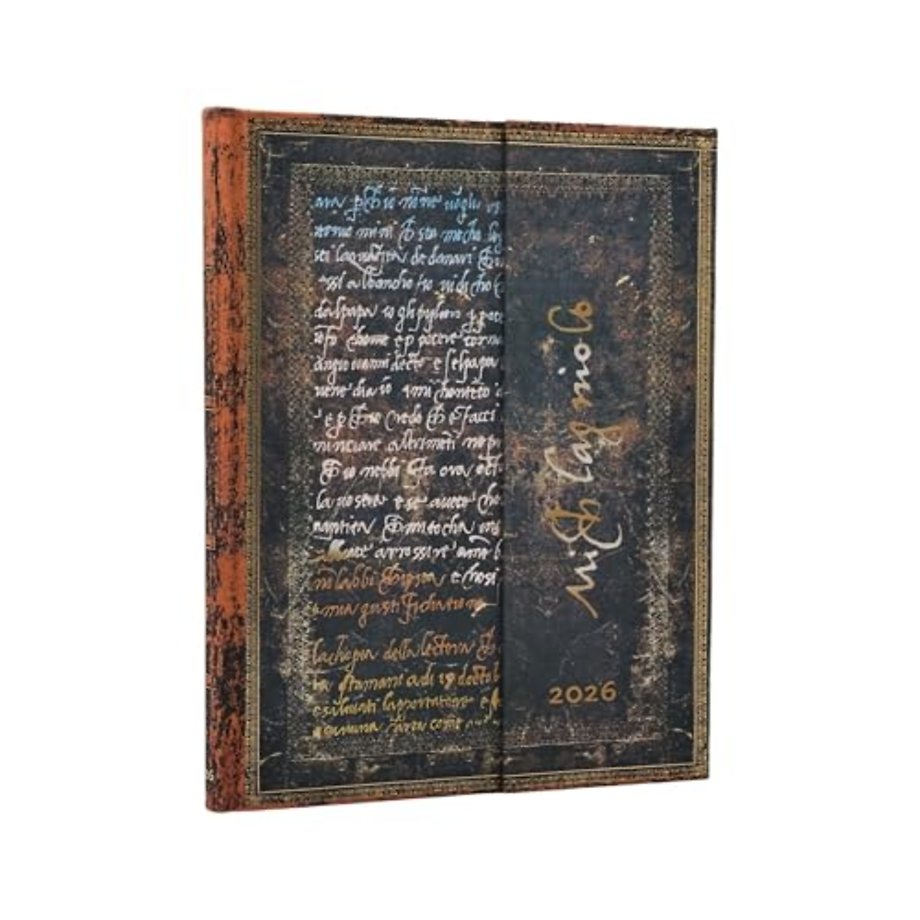 2026 Michelangelo, Handwriting (Embellished Manuscripts Collection) Ultra 12-month Verso Hardcover Flexi Dayplanner 2026 (Wrap Closure)