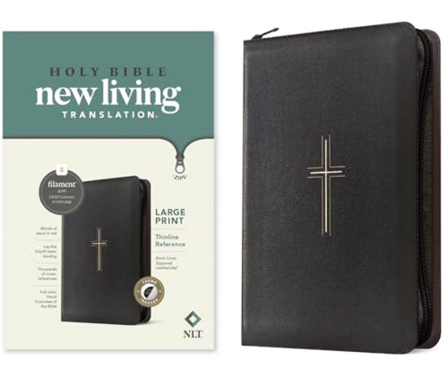 NLT Large Print Thinline Reference Zipper Bible, Filament Enabled (Leatherlike, Black Cross, Indexed, Red Letter)