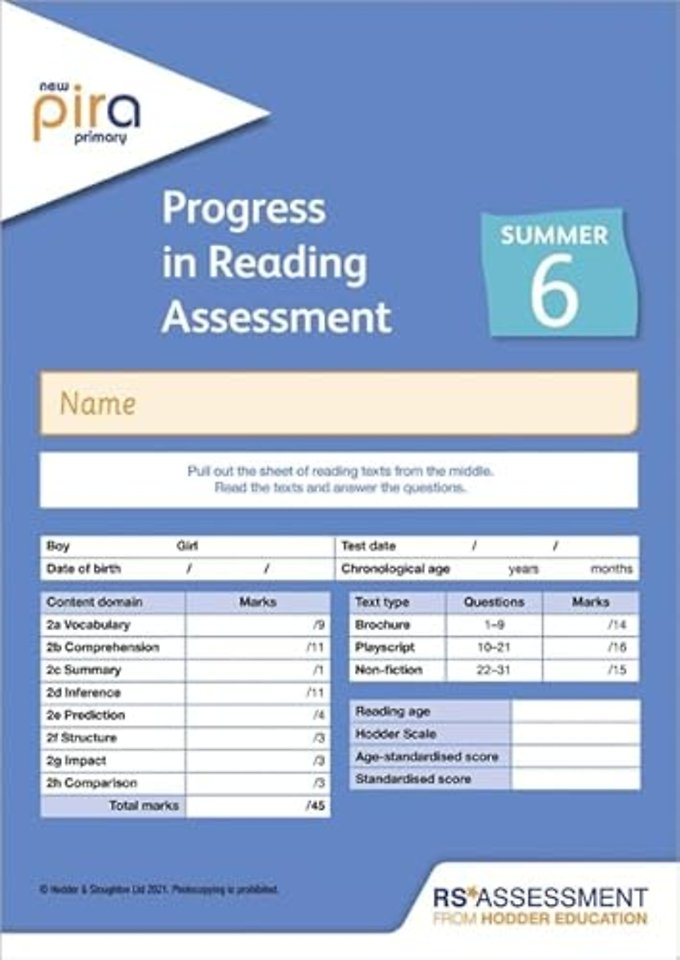 New PiRA Test 6, Summer PK10 (Progress in Reading Assessment)