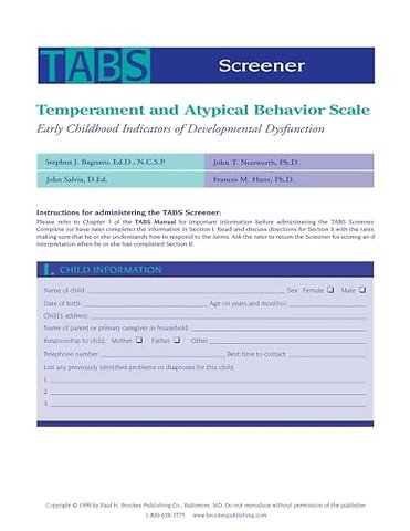 Temperament and Atypical Behavior Scale (TABS) S – Early Childhood Indicators of Developmental Dysfunction