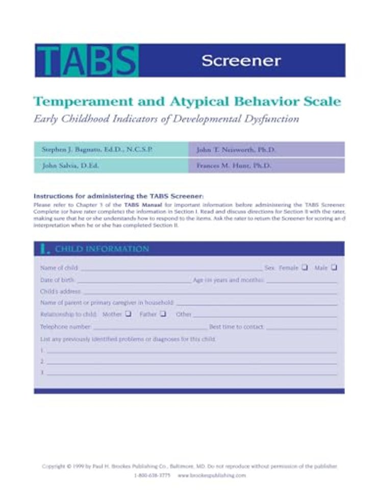 Temperament and Atypical Behavior Scale (TABS) S – Early Childhood Indicators of Developmental Dysfunction