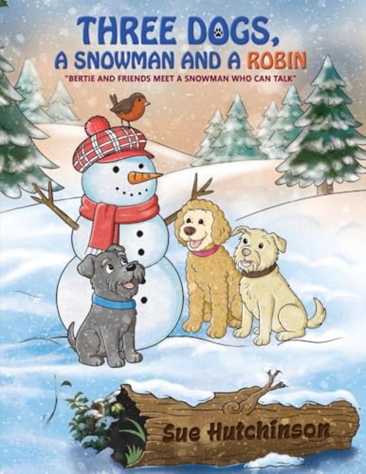 Three Dogs A Snowman and a Robin