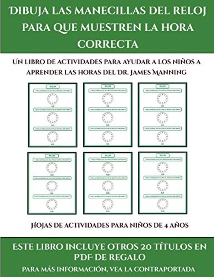 Hojas de actividades para ninos de 4 anos (Dibuja las manecillas del reloj para que muestren la hora correcta)
