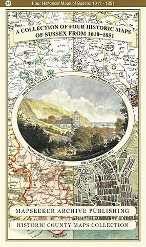 A County of Sussex 1611 - 1836 - Fold Up Map that features a collection of Four Historic Maps, John Speed's County Map 1611, Johan Blaeu's County Map of 1648, Thomas Moules County Map of 1836 and a Plan of the City of Brighton from 1851 by John Tallis. Th