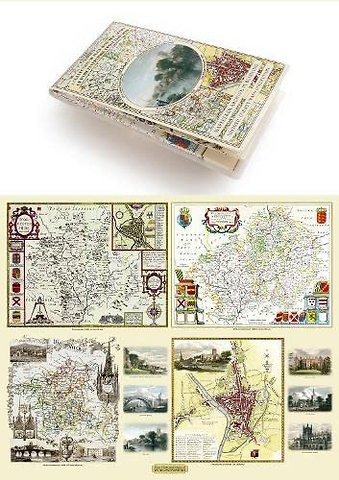 Worcestershire 1610 - 1836 - Fold Up Map that features a collection of Four Historic Maps, John Speed's County Map 1610, Johan Blaeu's County Map of 1648, Thomas Moules County Map of 1836 and Cole and Roper's Plan of the City of Worcester 1805. The map's