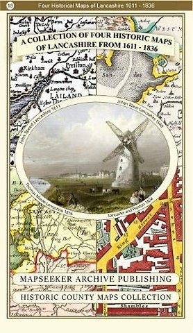 A Lancashire 1611 - 1836 - Fold Up Map that features a collection of Four Historic Maps, John Speed's County Map 1611, Johan Blaeu's County Map of 1648, Thomas Moules County Map of 1836 and a Plan of Lancaster and Preston from 1824. The maps also feature