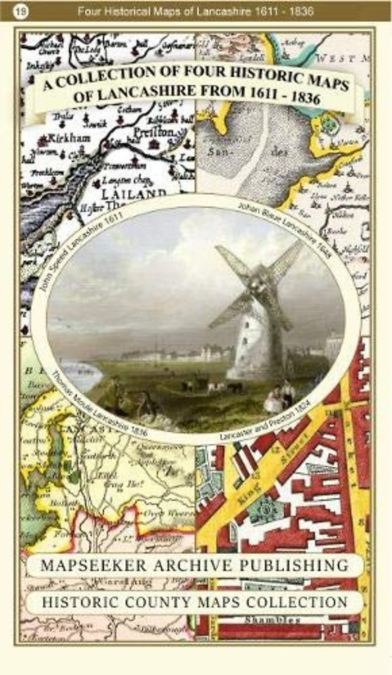 A Lancashire 1611 - 1836 - Fold Up Map that features a collection of Four Historic Maps, John Speed's County Map 1611, Johan Blaeu's County Map of 1648, Thomas Moules County Map of 1836 and a Plan of Lancaster and Preston from 1824. The maps also feature
