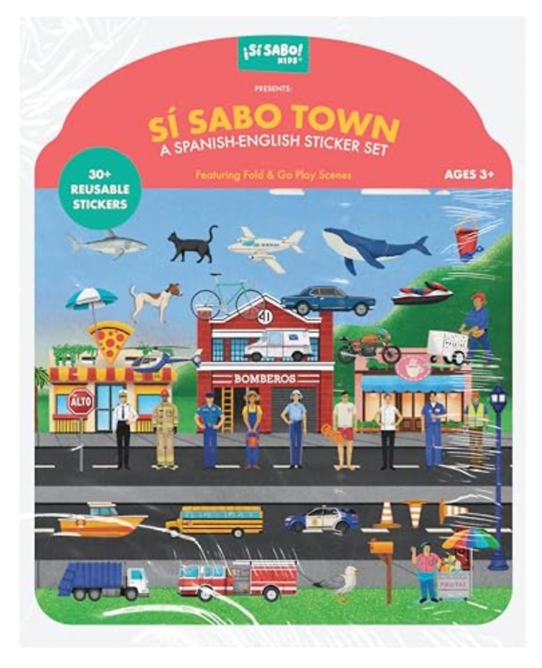 Sí Sabo Town: A Bilingual Reusable Sticker Play – Learn Spanish–English Language Skills with 30+ Reusable Stickers and 2 Fold–Out Play & Go Scenes