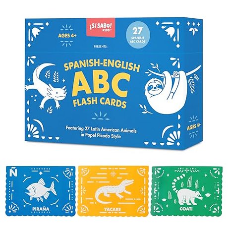 Spanish–English ABC Flash Cards – Featuring 27 Latin American Animals in a Papel Picado Design
