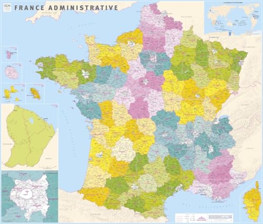 France counties & districts wall map laminated