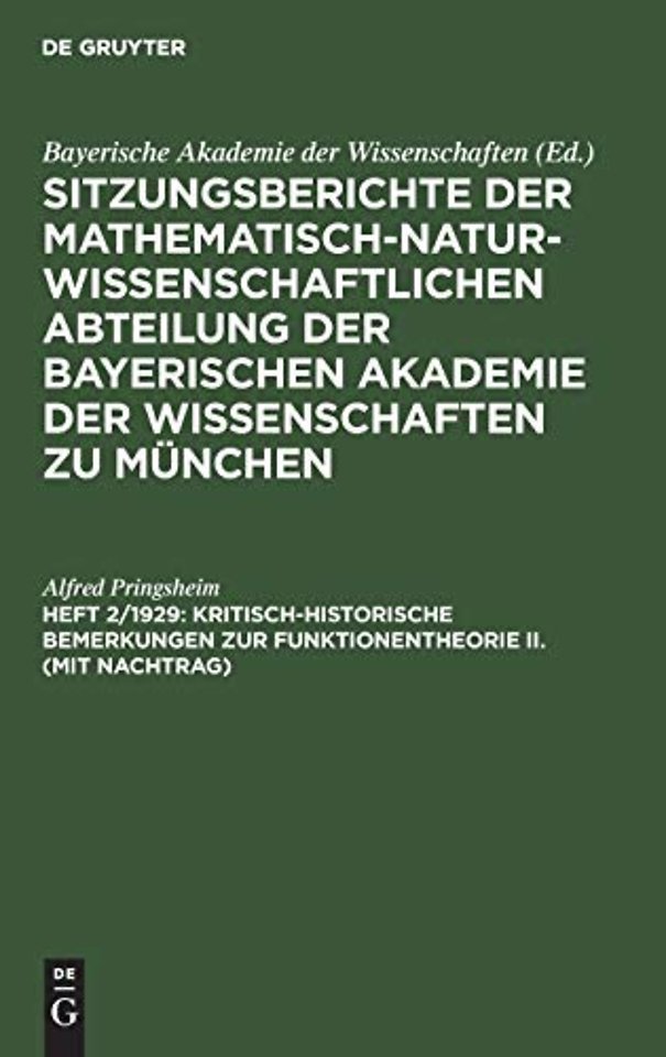 Kritisch-Historische Bemerkungen Zur Funktionentheorie II. (Mit Nachtrag)