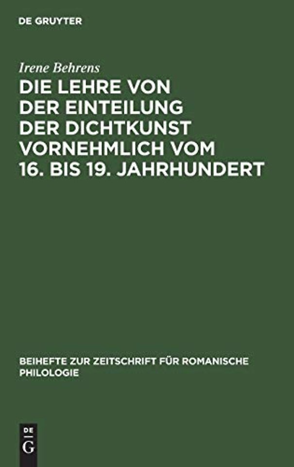 Die Lehre von der Einteilung der Dichtkunst vorn – Studien zur Geschichte der poetischen Gattungen