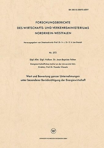 Wert und Bewertung ganzer Unternehmungen unter besonderer Berücksichtigung der Energiewirtschaft