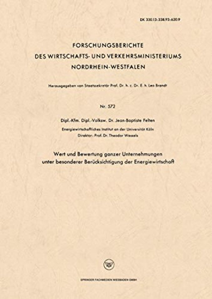 Wert und Bewertung ganzer Unternehmungen unter besonderer Berücksichtigung der Energiewirtschaft