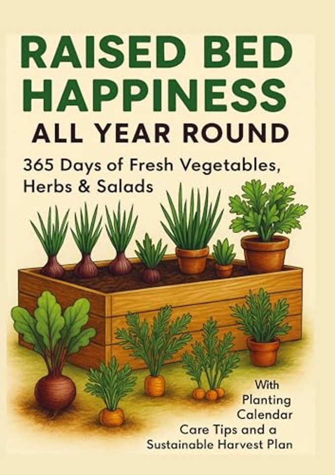 RAISED BED HAPPINESS ALL YEAR ROUND 365 Days of Fresh Vegetables, Herbs & Salads – With Planting Calendar, Care Tips and a Sustainable Harvest Plan