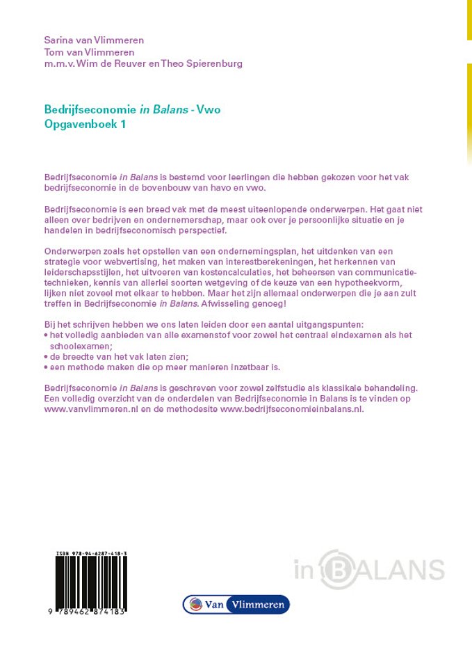 Bedrijfseconomie in Balans vwo opgavenboek 1