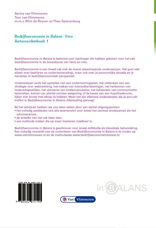 Bedrijfseconomie in Balans vwo antwoordenboek 1