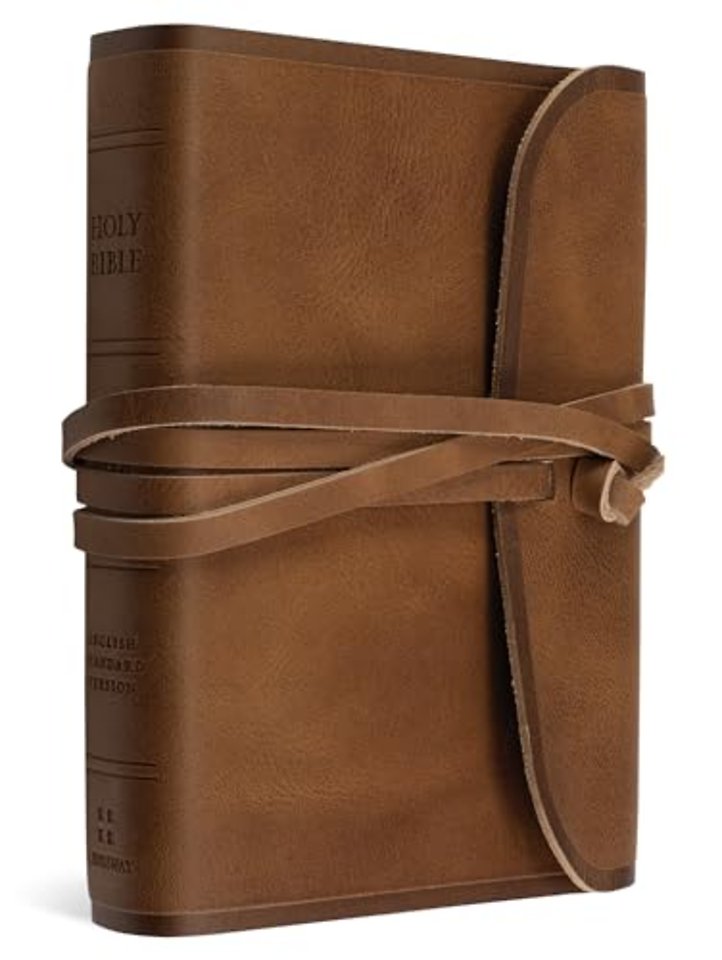 ESV Large Print Compact Bible, Red Letter (Natural Leather, Brown, Flap with Strap)
