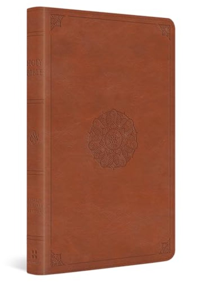 ESV Large Print Thinline Bible (TruTone, English Saddle, Emblem Design)